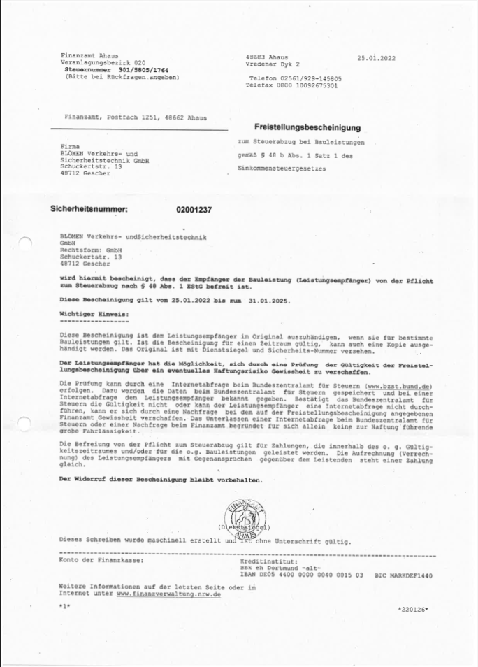 Freistellungsbescheinigung zum Steuerabzug bei Bauleistungen